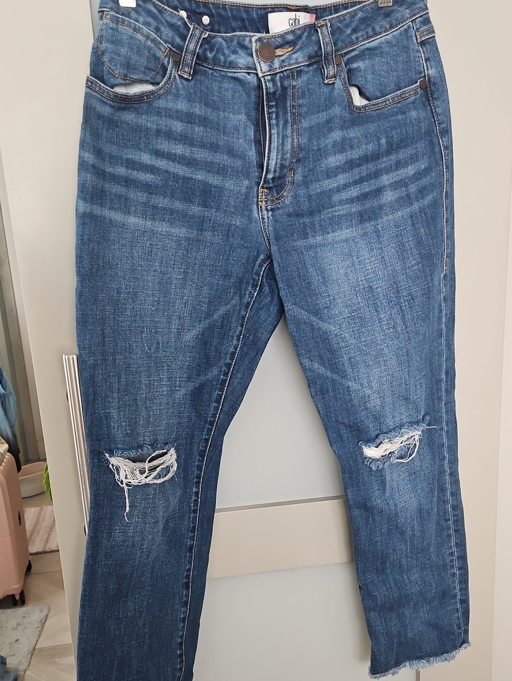 CAbi Medium Blue Distressed Boyfriend Jeans Cropped HIGH STRAIGHT